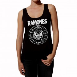 Black women's sleeveless tank top featuring the classic Ramones punk rock band seal
