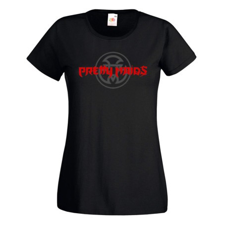 Women's fitted black Pretty Maids t-shirt featuring the classic heavy metal band artwork