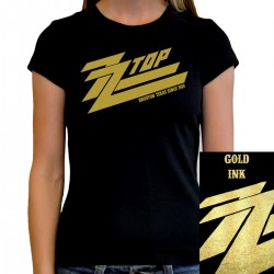 Women's fitted golden ZZ Top t-shirt with hot rod skull and guitars design