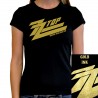 Women's fitted golden ZZ Top t-shirt with hot rod skull and guitars design