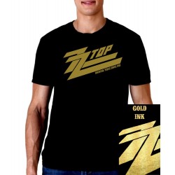 Men's golden ZZ Top t-shirt featuring skull and guitars in a hot rod chopper style design