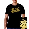 Men's golden ZZ Top t-shirt featuring skull and guitars in a hot rod chopper style design